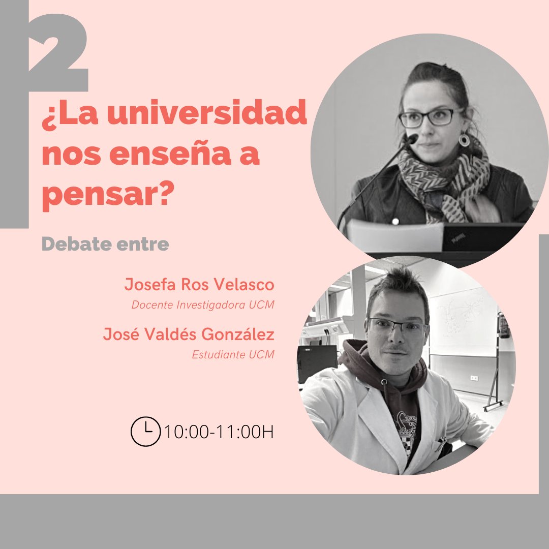 ❗️🚨Debate🚨❗️
¿La Universidad nos enseña a pensar?
<a href="/JosefaRosUCM/">Josefa Ros Velasco</a> y <a href="/joseantvaldes/">Jose A. V. G.</a> 
🕙10:00-11:00h