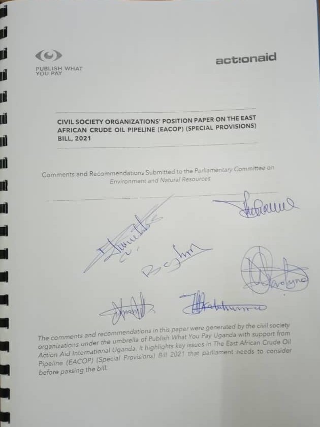 With support from <a href="/actionaiduganda/">ActionAid International Uganda</a>, Civil society organizations under the <a href="/PWYP_Uganda/">Publish What You Pay Uganda</a> umbrella presented their positions on the EACOP bill,2021 to the parliamentary committee on Environment and Natural Resources