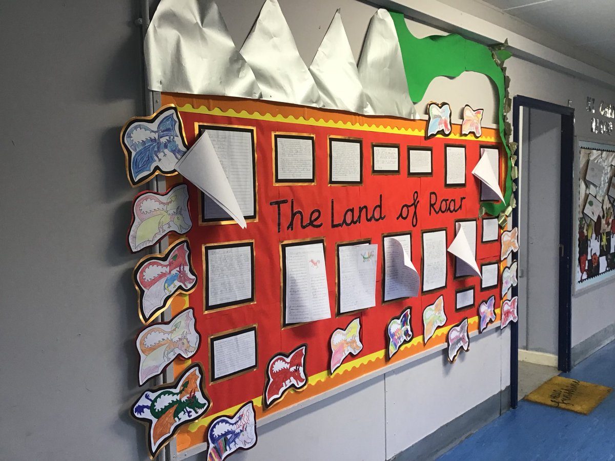 BartonCloughY3's tweet photo. Here is our fabulous writing display from all of our wonderful work based on the book Land of Roar by @JennyMcLachlan1 we hope you love it as much as we loved doing the writing. #writingdisplay #wowwork https://t.co/3H3ThRsMiF