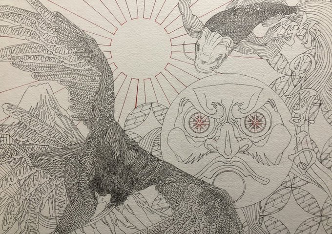 ペン画完成しました🎌
縁起ものを多く入れました☺️✨ 