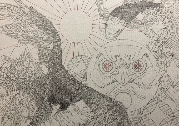 ペン画完成しました🎌
縁起ものを多く入れました☺️✨ 