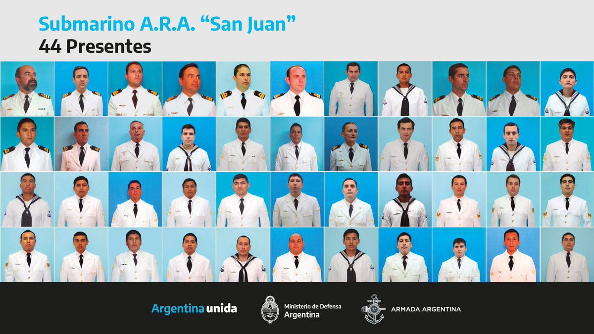 AgenciaTelam's tweet photo. El Ministerio de Defensa (@MindefArg) recordó a los 44 tripulantes del ARA San Juan , "al cumplirse 4 años del naufragio del submarino en aguas del Atlántico Sur": "Memoria y honor para la tripulación"

#44presentes https://t.co/KaO7ayORBZ