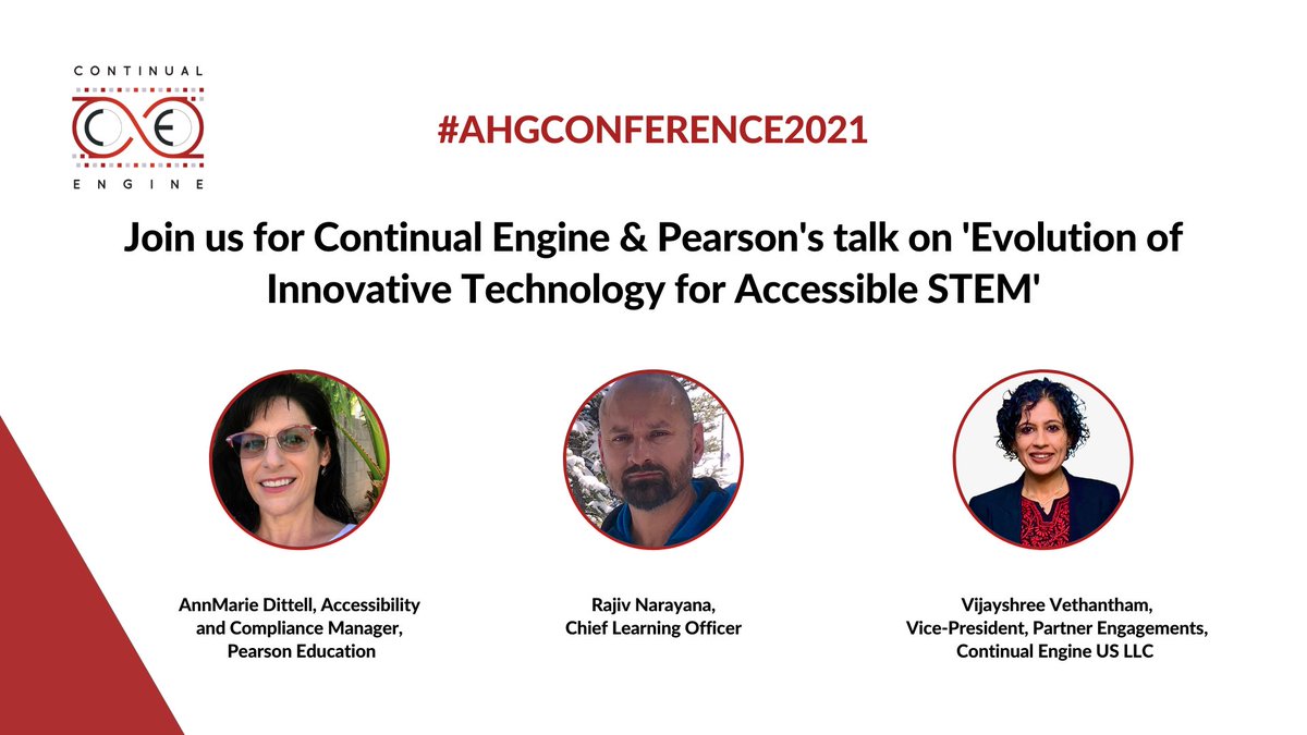 ContinualEngine's tweet photo. @ContinualEngine's session at the #AHGConference2021 focuses on ‘The Evolution of Innovative Technology for Accessible STEM’. Tune into our session on Friday, Nov, 19th, 9.15 am MT. For more information, please visit https://t.co/EANFAwr3R4
#Accessibility #AHGConference #STEM https://t.co/zNQNRuX4R5