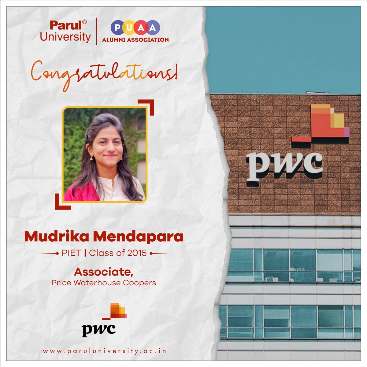 ParulAlumni's tweet photo. Ms. Mudrika Mendapara is a proud alumna of PIET (Class of 2015), Parul University has made her Alma mater proud by securing the position of an Associate at PriceWaterhouseCoopers Private Limited (PwC).
#ProminentAlumni
#PriceWaterhouseCoopers
#PUAlumni
#ParulUniversity https://t.co/waLeFgxQRU