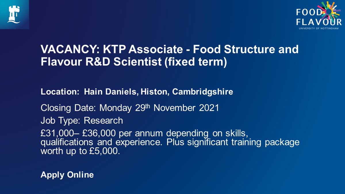 UoNFoodflavour's tweet photo. 📢  RESEARCH VACANCY 📢

We are hiring a KTP Associate who will specialise in #FoodStructure &amp; #Flavour, working in collaboration with @UniofNottingham &amp; @HainDaniels on an exciting &amp; tasty project! 😋

Application close:  29 Nov

To find out more: https://t.co/8vAXEiFbng https://t.co/6gWWFA1Xju