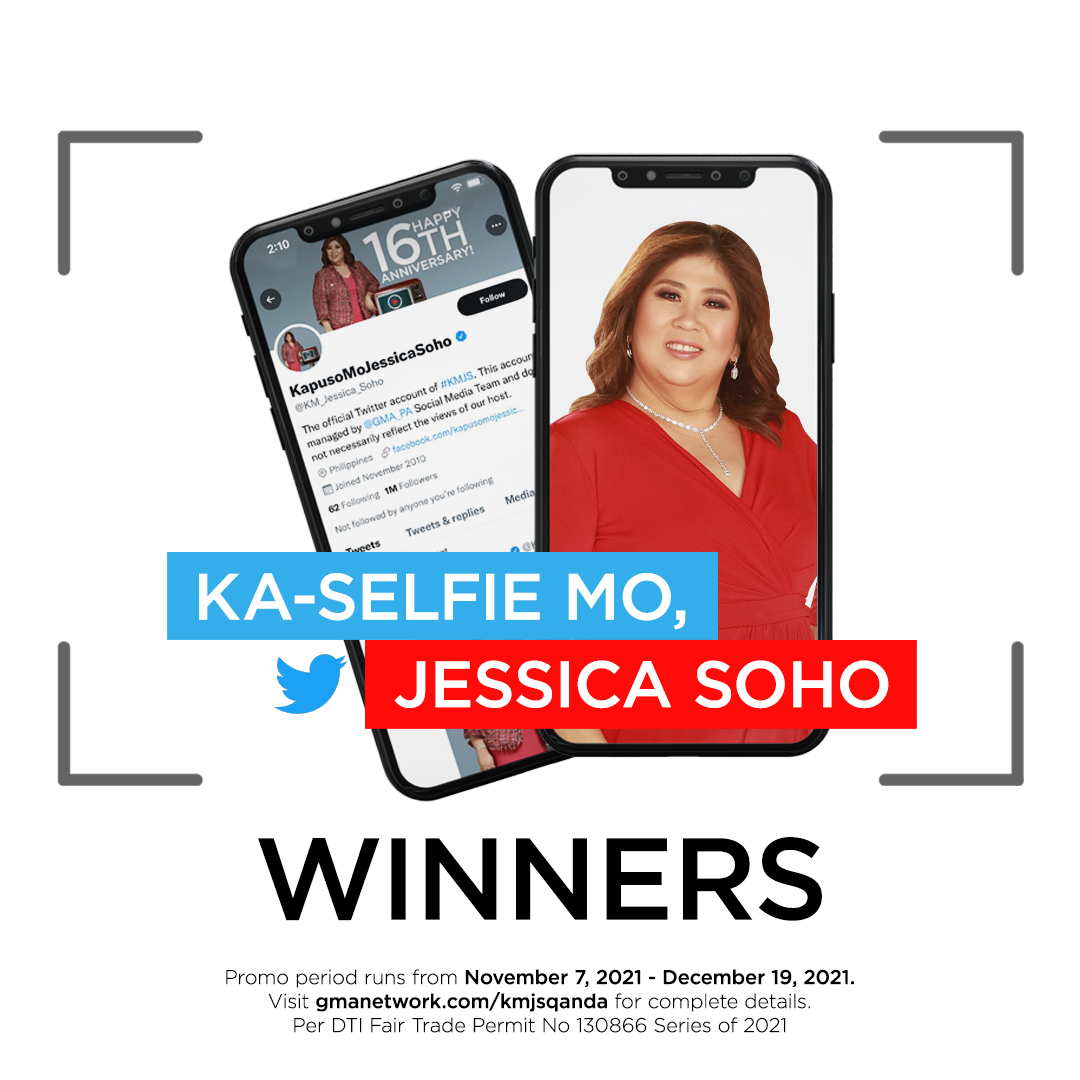 KM_Jessica_Soho's tweet photo. Narito ang mga nanalo sa KA-SELFIE MO, JESSICA SOHO na makakatanggap ng P5,000 each!

Galing sila sa iba't ibang bahagi ng Luzon, Visayas at Mindanao. Congratulations! ❤

Hintayin lang po ang mensahe sa inyo ng aming staff para sa pagtanggap n'yo ng premyo! #KMJS https://t.co/EkpZE9cCJw