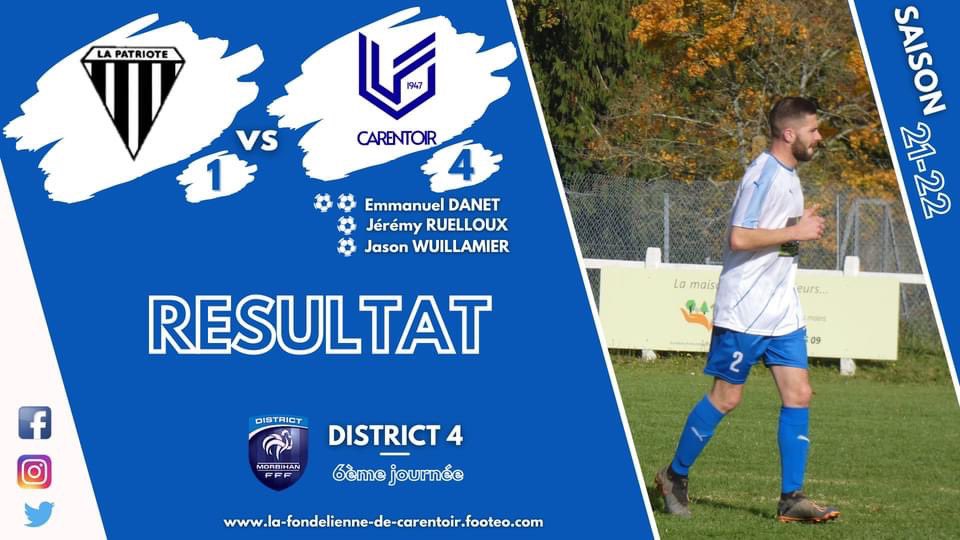 𝙍𝙚́𝙨𝙪𝙡𝙩𝙖𝙩𝙨 𝙙𝙪 𝙟𝙤𝙪𝙧 ⚽️ 

🏆 𝙲𝚑𝚊𝚖𝚙𝚒𝚘𝚗𝚗𝚊𝚝 𝙳𝟷
🆚 Saint Servant sur Oust
➡️ 3-0 ❌

🏆 𝙲𝚑𝚊𝚖𝚙𝚒𝚘𝚗𝚗𝚊𝚝 𝙳𝟺
🆚 Malansac D
➡️ 4-1 ✅