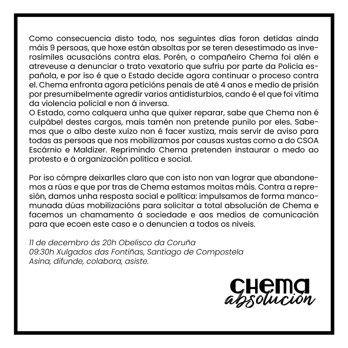 absolucionchema's tweet photo. 140 voces da sociedade galega impulsan un manifesto chamando as mobilizacións dos días 11 e 20 de decembro solicitando a absolución para Chema. O documento está aberto a sinatura pública na nosa web. #AbsoluciónChema https://t.co/PqrNBLKz4J