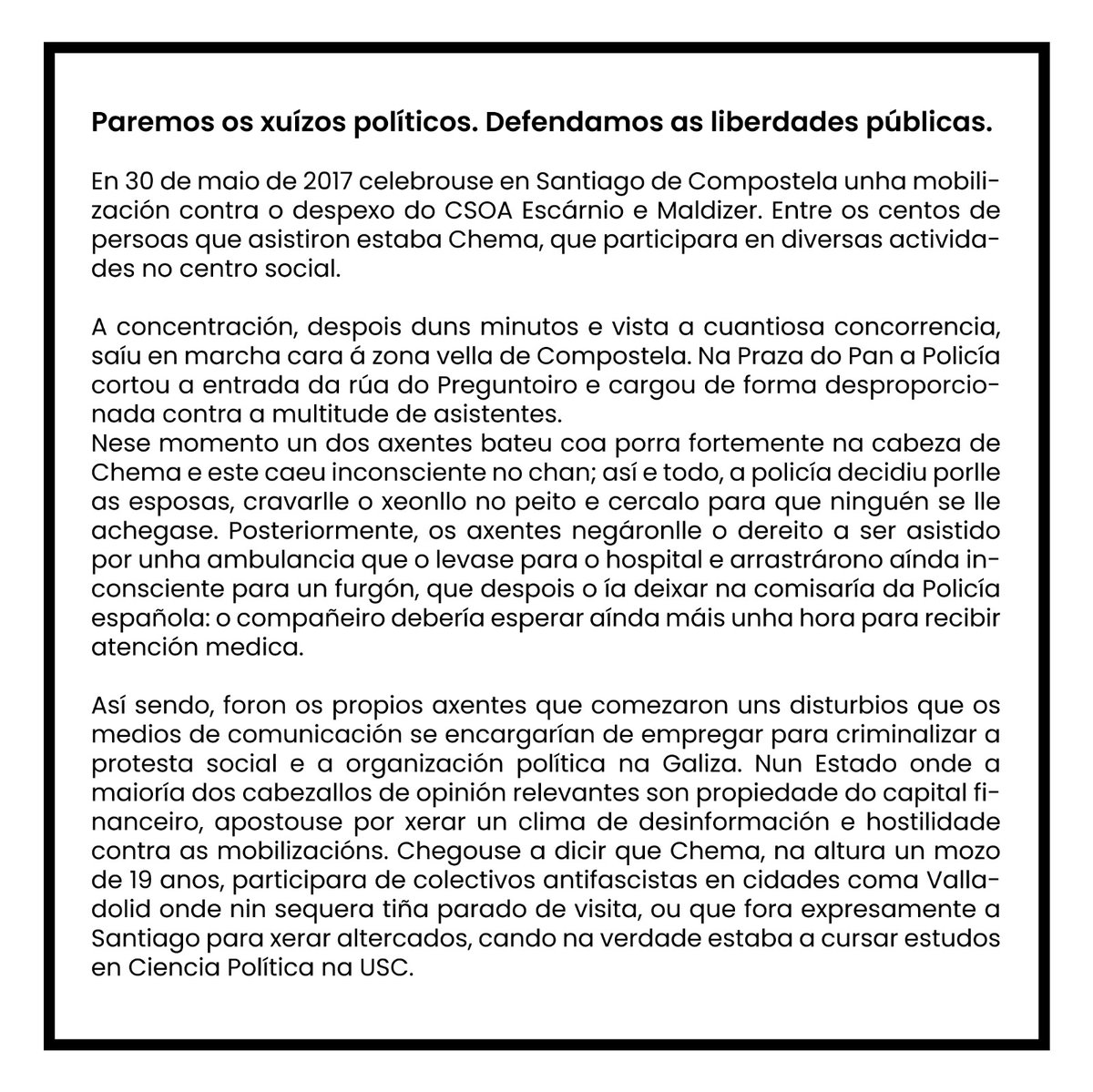 absolucionchema's tweet photo. 140 voces da sociedade galega impulsan un manifesto chamando as mobilizacións dos días 11 e 20 de decembro solicitando a absolución para Chema. O documento está aberto a sinatura pública na nosa web. #AbsoluciónChema https://t.co/PqrNBLKz4J