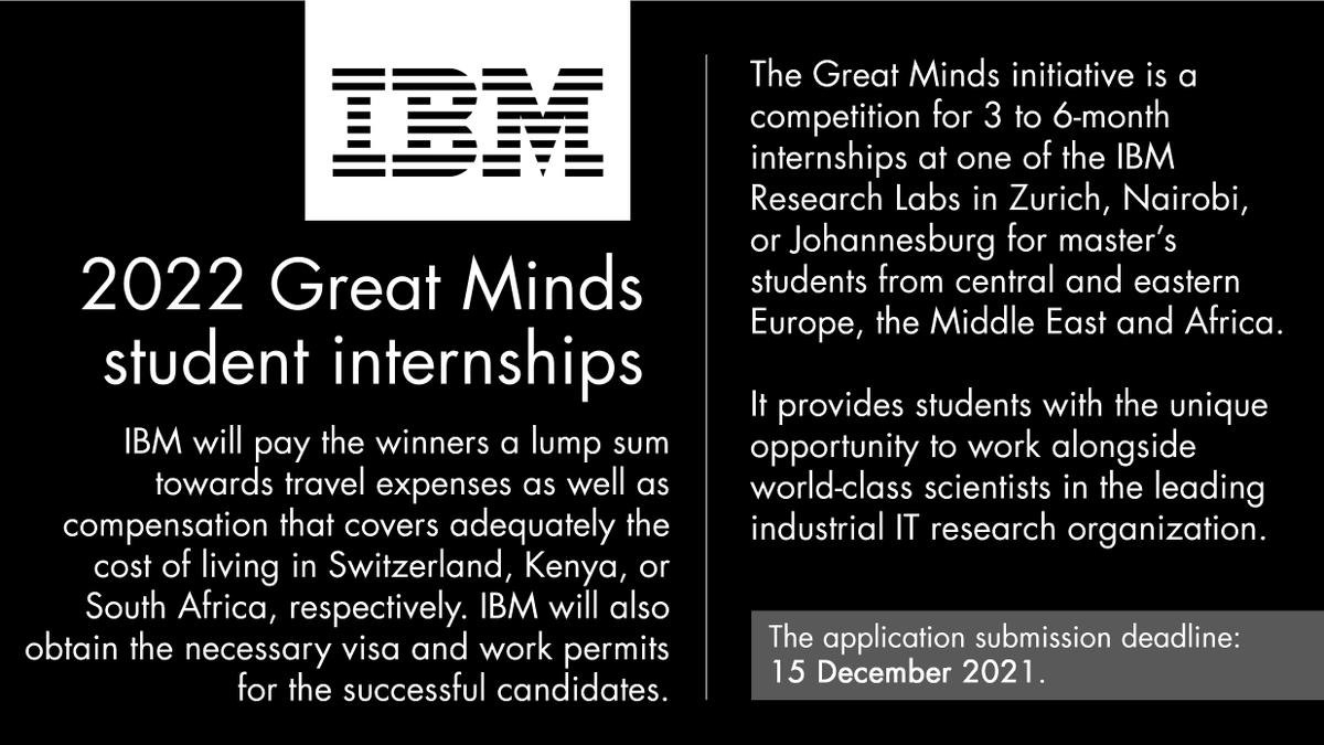 UCTpostgrads's tweet photo. The Great Minds initiative is a competition for 3 to 6-month internships at one of the @IBMResearch Labs in Zurich, Nairobi, or Johannesburg for students from central and eastern Europe, the Middle East and Africa. More info: https://t.co/01XqWEtsUF | @IBMMEA https://t.co/IKqE1Vbm9d