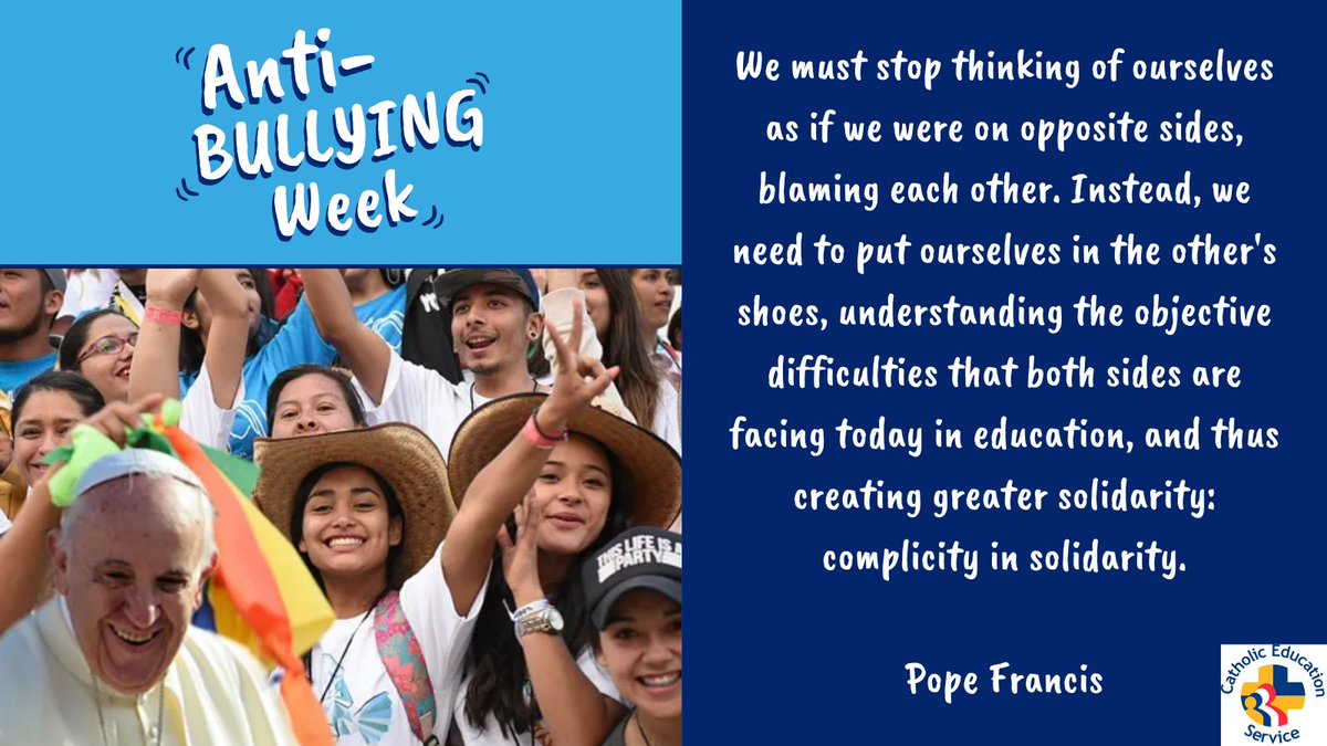 CathEdService's tweet photo. #AntiBullyingWeek
Is there someone you don't quite see eye-to-eye with at school? Today, why not make a special effort to place yourself in their shoes? You might learn something new. Could you say #OneKindWord to them today? https://t.co/yVbwJNzyXo