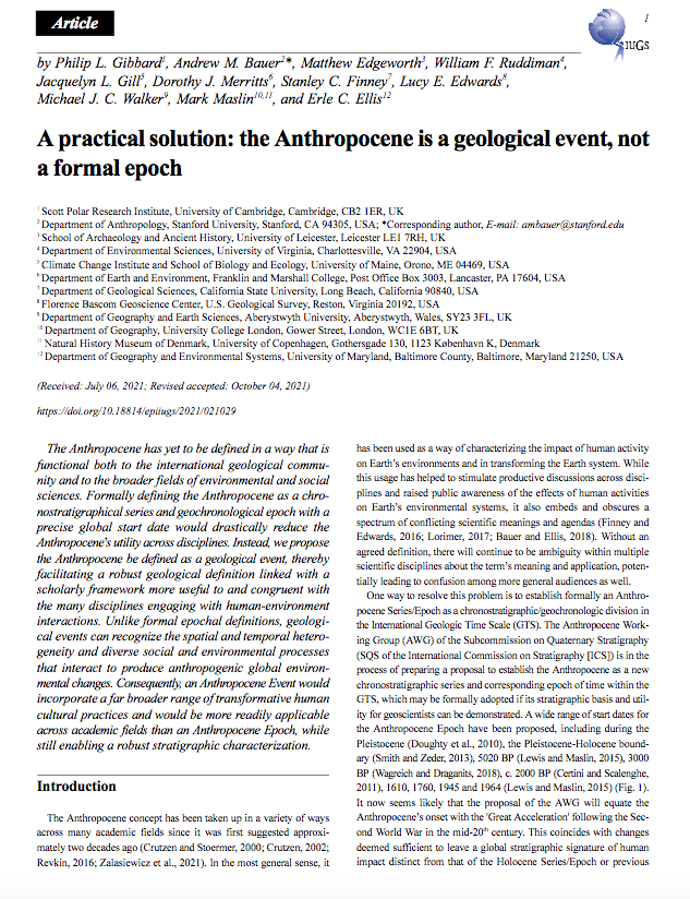 ProfMarkMaslin's tweet photo. A practical solution: the Anthropocene is a geological event, not a formal epoch

What should we call the #Anthropocene is it an #Epoch or a major #Event  

This paper opens up the discussion to move away from the AWG decision that it all started in 1950s

https://t.co/qpPxj7mjAy https://t.co/HTdQP6BdyX