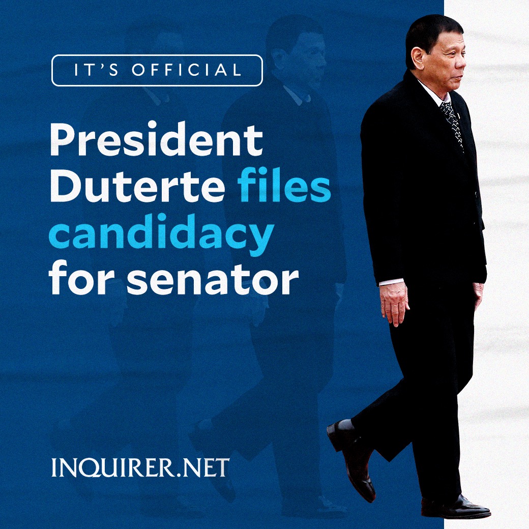 inquirerdotnet's tweet photo. NEW_FINAL_FINAL.PSD

From previously announcing his retirement from politics to hinting at a possible vice presidential bid just two days before the deadline of substitution, President Duterte has ultimately decided: He will run for senator in 2022.

#OurVoteOurFuture #VotePH https://t.co/7aNW8I0943