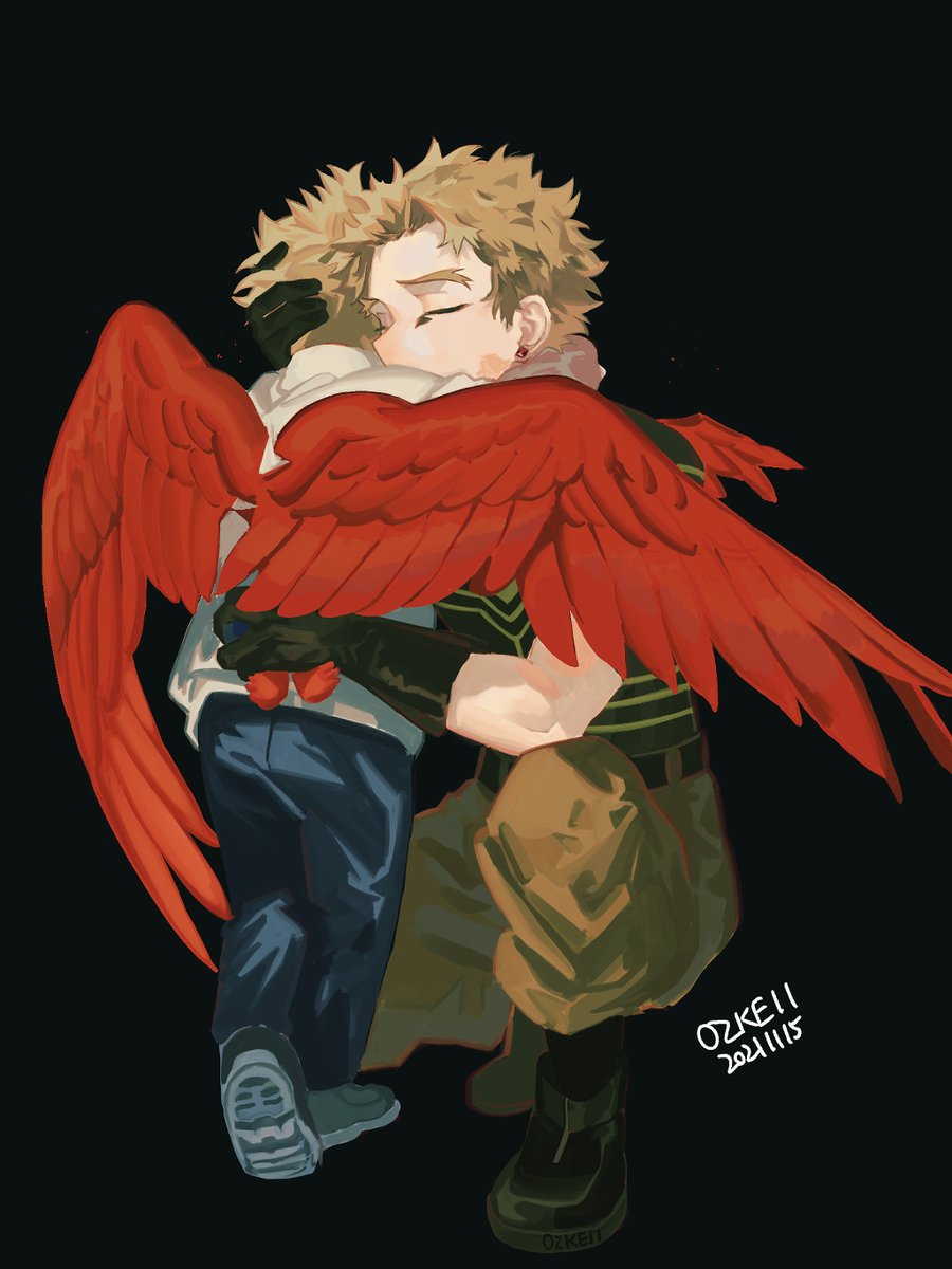 hawks (boku no hero academia) multiple boys 2boys male focus blonde hair wings red wings feathered wings  illustration images