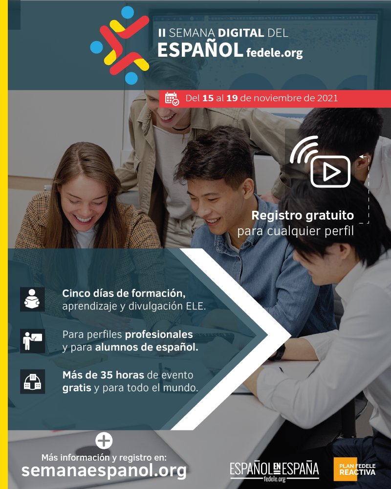 📢Hoy comienza la «II Semana Digital del #Español» de <a href="/federacionele/">FEDELE</a>.
➡️5 días de formación, aprendizaje y divulgación #ELE.
👥Para todos los perfiles del sector. 
Información e inscripciones:
👉fedele.org/semana-digital…