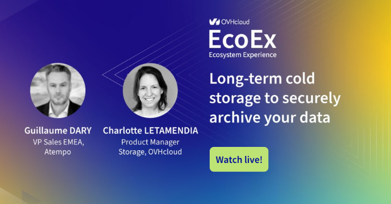 OVHcloud_UK's tweet photo. 📣 #EcoEx21 Success Story starting soon: 'Long-term cold storage to securely archive your data', with Guillaume Dary, VP Sales EMEA @Atempo. 🔴 Watch live on Twitter @OVHcloud! https://t.co/fZgrmZ26DF