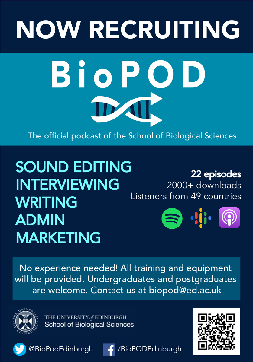 Dear Listeners, 

Want to get involved in #BioPOD? We are recruiting!

We are having an introductory meeting on Wednesday the 17th of November at 5pm at the King’s Buildings library. Come and join us to find out more! 🐛🦋

#BiologyPodcast #SciencePodcast <a href="/SBSatEd/">Biological Sciences | University of Edinburgh</a>