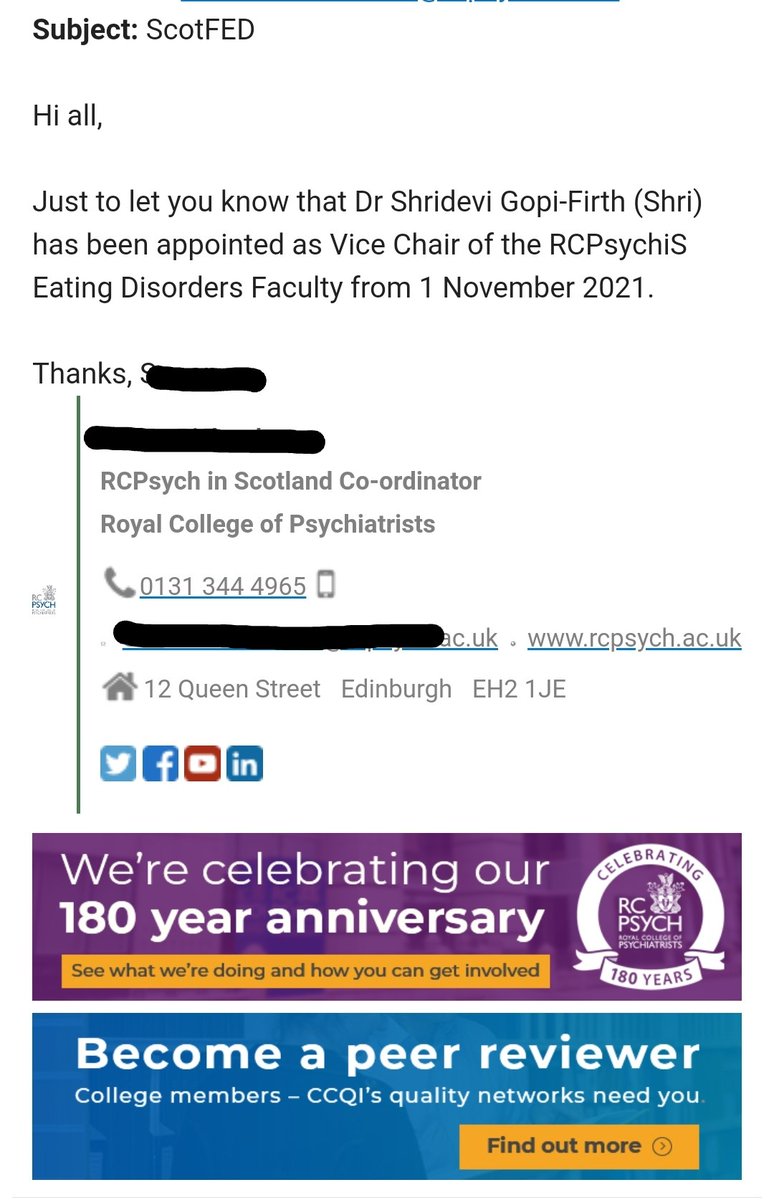 Delighted to officially accept the role of Vice-Chair of #ScotFED @rcpsychEDFac Scottish region! 🙏🏽☺️

Hope to contribute my support & facilitate much needed progress in the important field of #eatingdisorders thru collab working & #personcentered care
@rcpsych @BeatED_Scotland