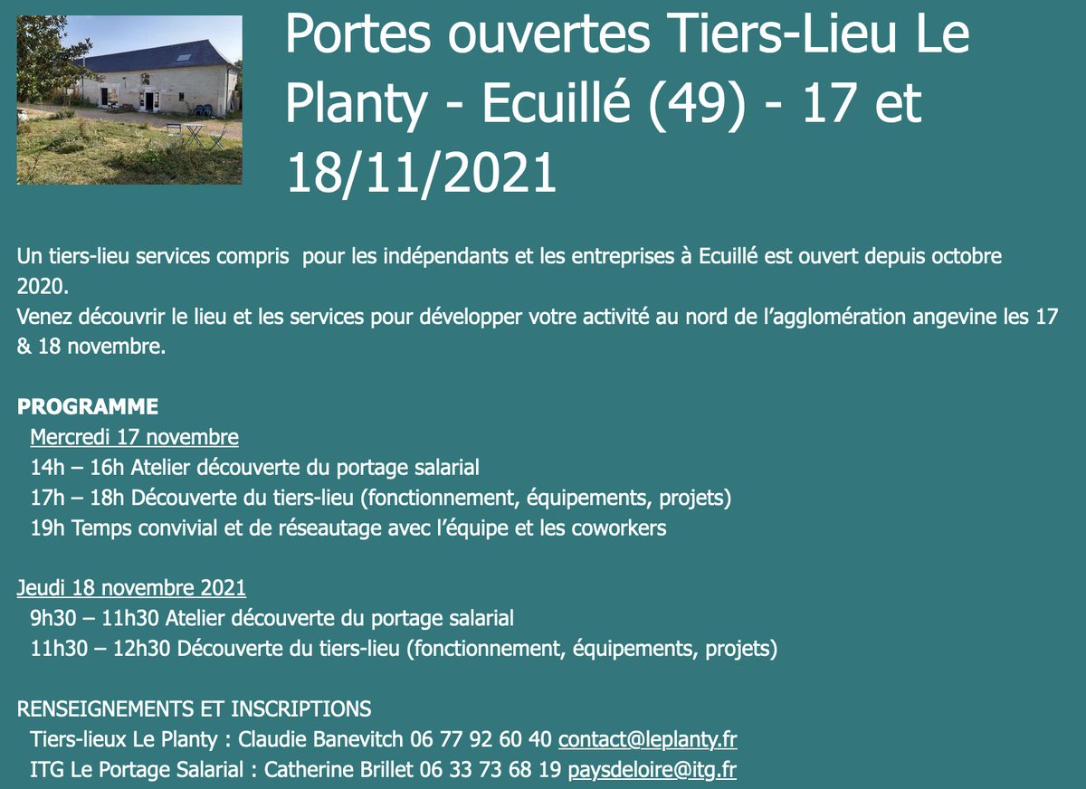 frtierslieux's tweet image. Portes ouvertes - Tiers-lieu à Ecuillé (49)
Le télétravail, en milieu rural c’est possible aussi  ! A Ecuillé, Le Planty #tierslieu associatif s’est ouvert en octobre 2020 à deux pas du château du Plessis-Bourré.
➡️ Pour vous inscrire : forms.office.com/pages/response…