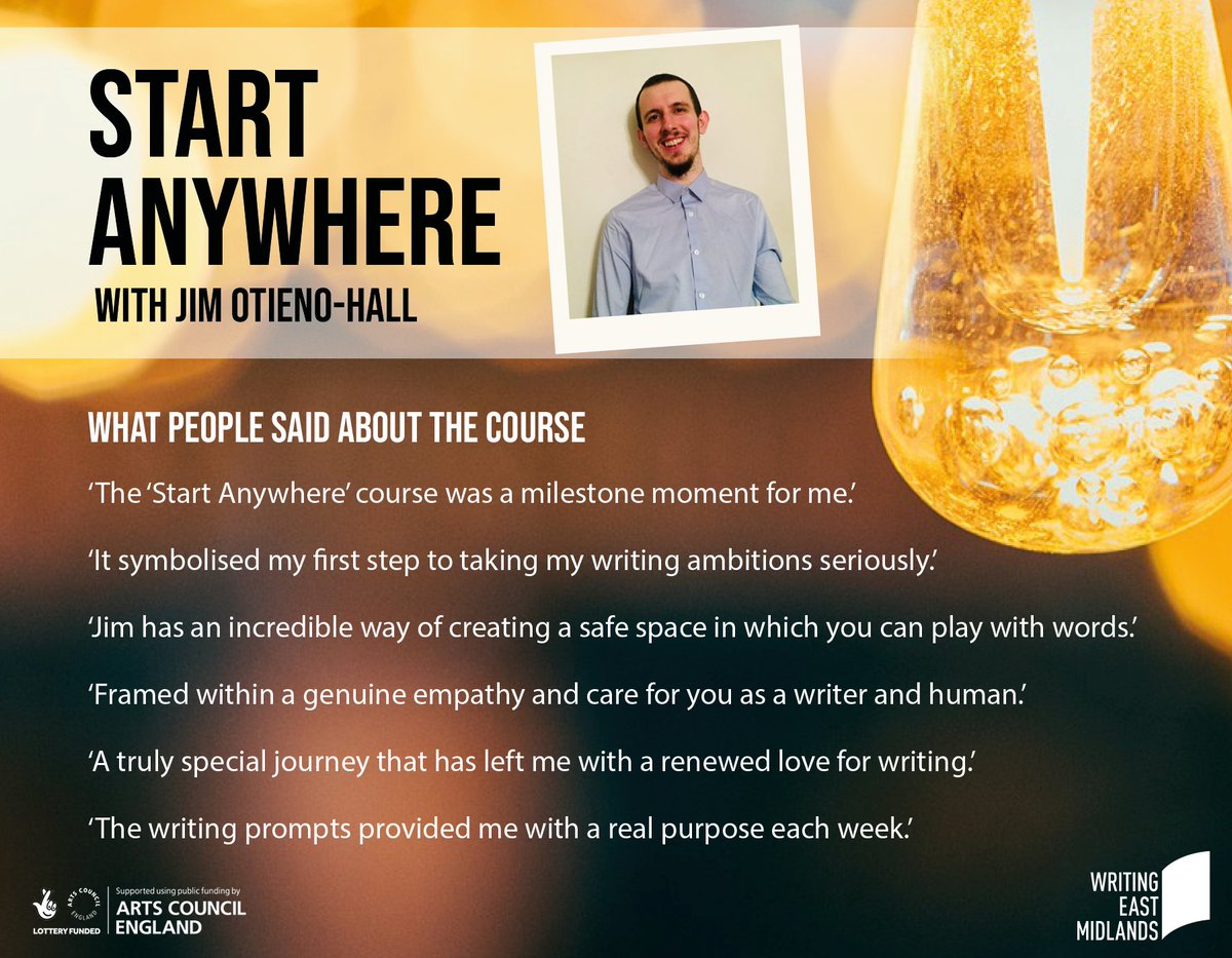 We're blown away by the feedback for this 6-week correspondence writing course for busy people, with Jim Otieno-Hall.

Receive rigorous feedback on a weekly basis that will put your writing goals first 

New dates added for January 2022.

writingeastmidlands.co.uk/product/start-…