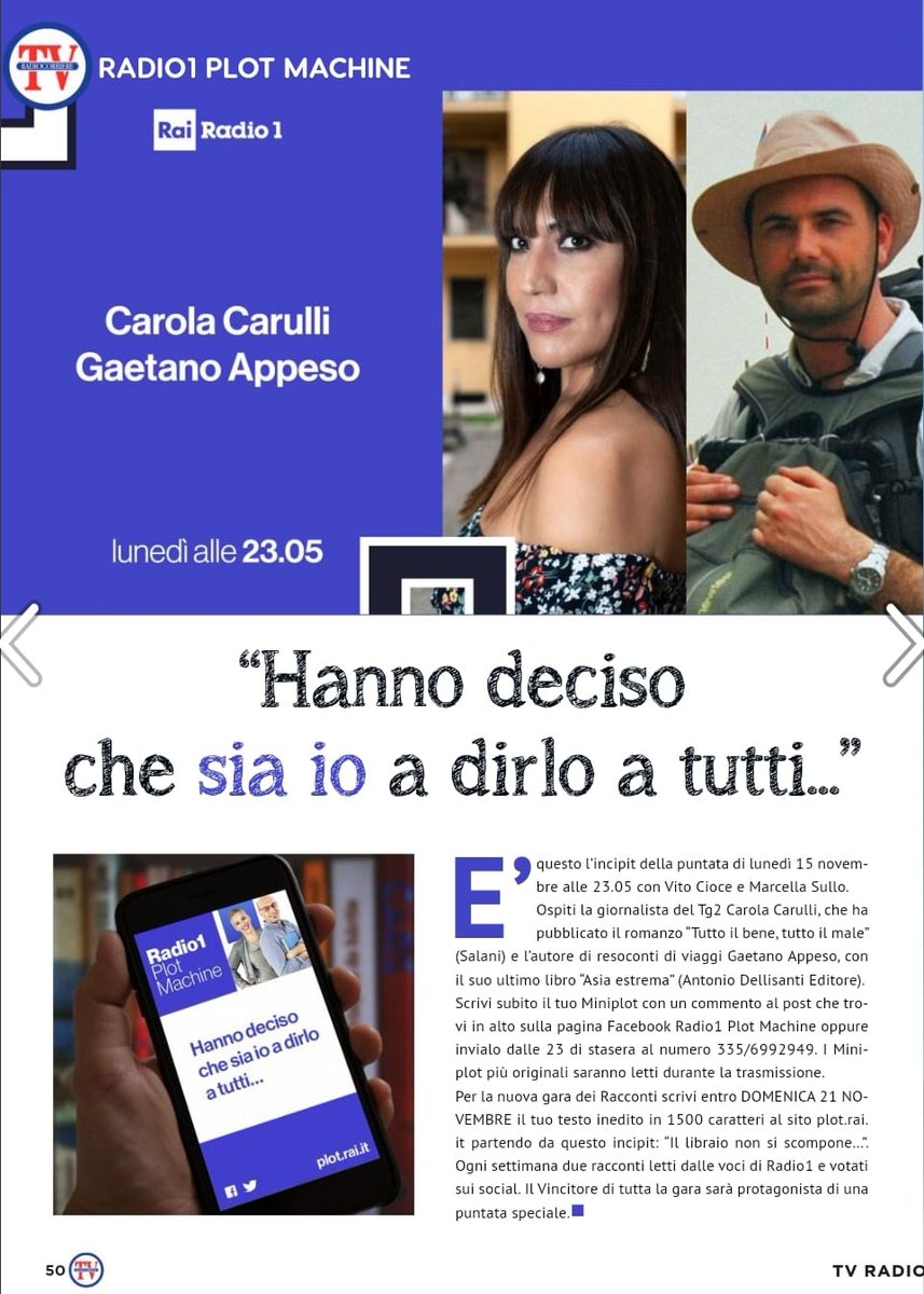 Crea #latuastoriachenoncera retwittala qui Alle 23.05 @Radio1Rai con @vitociox @MarcellaSullo Ospiti #CarolaCarulli @salanieditore #GaetanoAppeso #AntonioDellisantiEditore @RadiocorriereTv @LIndiceOnline @paoloigna1 @CasaScrittori