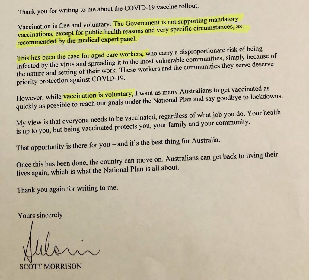 abititchy's tweet photo. @ScottMorrisonMP “Vaccination is voluntary “ https://t.co/iKQfVoIz0B