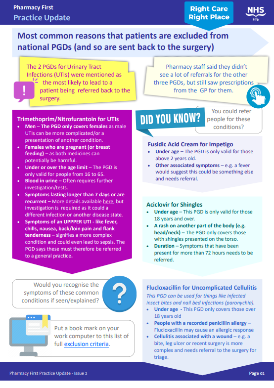 As part of our efforts supporting the people of <a href="/NHSfife/">NHS Fife</a> get the right care by the right person here's issue 2 of 3 bit.ly/3Hl1TRR of our weekly flash briefs for PC colleagues. This one highlights why not all people can be treated under the national PGDs. #patientjourney