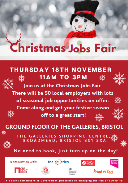 Jobseeking in #Bristol? Come to the #Christmas Jobs Fair at <a href="/galleriesBRI/">Galleries Bristol</a> this THURSDAY from 11am to 3pm.
Meet local employers with #vacancies to fill and get support from our qualified #careers advisers. 
@Ways_2_Work <a href="/BristolJobHub/">Bristol Job and Career Hub</a> <a href="/BristolCouncil/">Bristol City Council</a> <a href="/JCPinBRS_Bath/">JCP in Bristol and Bath</a>