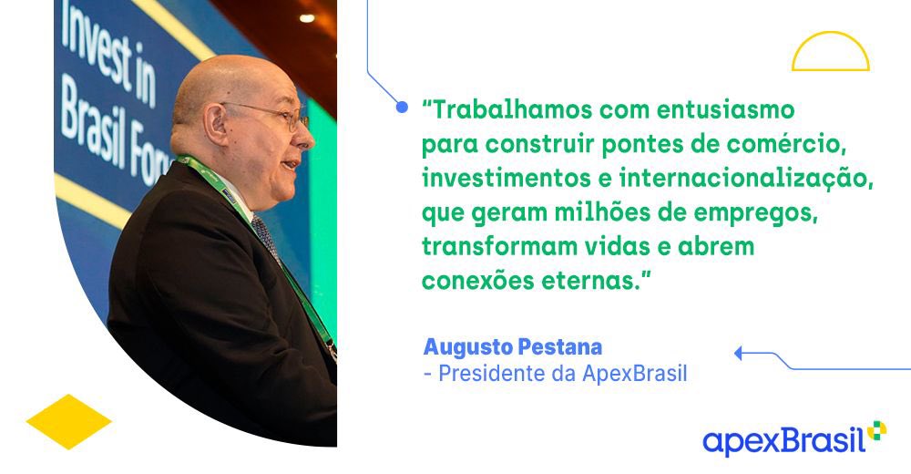 ApexBrasil's tweet photo. Augusto Pestana, presidente da ApexBrasil, destacou durante o #InvestInBrazil a missão de promover conexões entre os projetos brasileiros e os investimentos estrangeiros, conexões que transformam vidas. https://t.co/iMOatIegmv