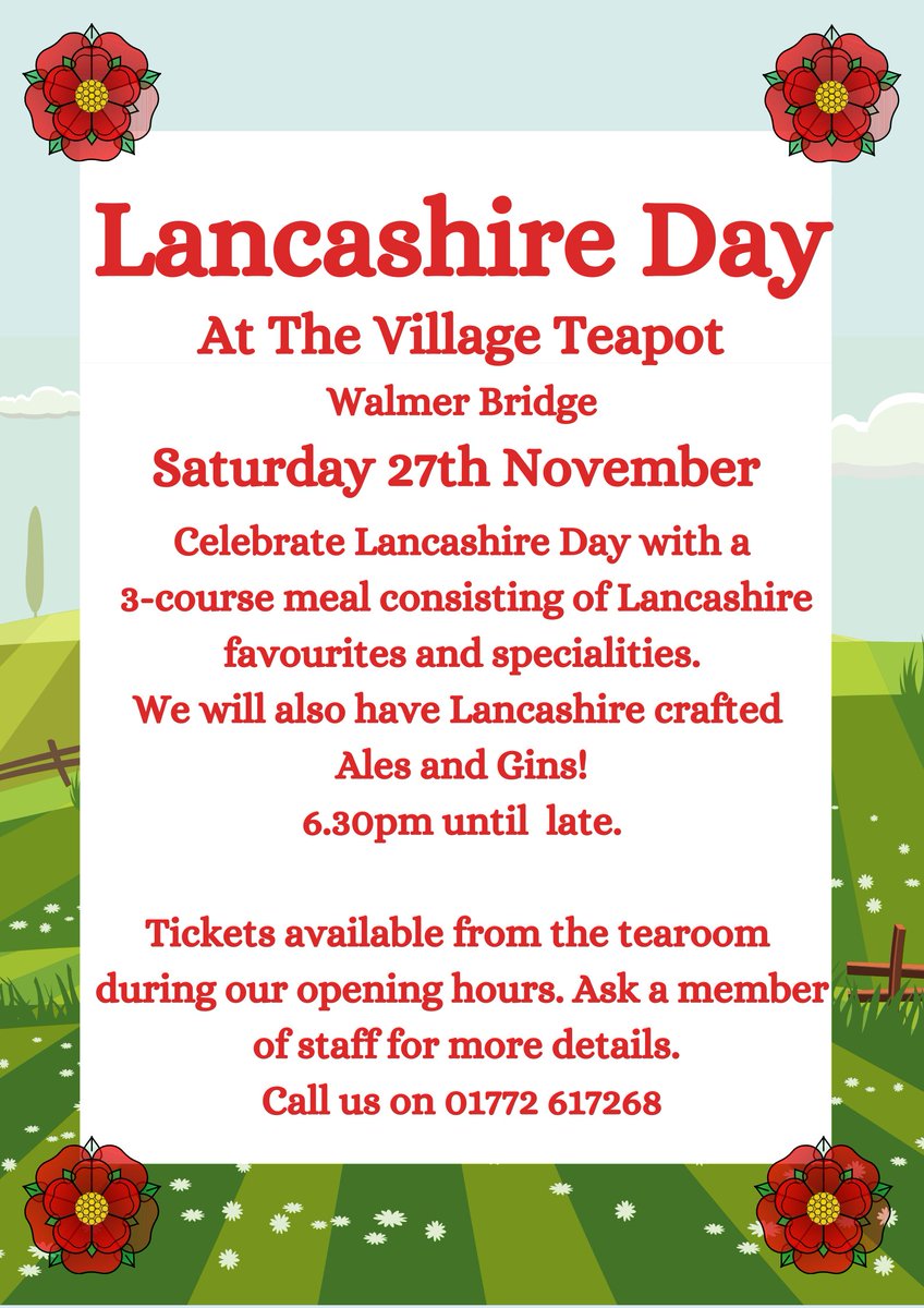 We are celebrating #Lancashire day! Enjoy an evening of #homemade food including starter, main and dessert as well as some Lancashire Ales and #Gins Call us on 01772 617268 for more info including the menu and to book your tickets 🎟️🌹 <a href="/LancashireDay/">#LancashireDay</a> <a href="/LiveLancs/">Lancs Live</a>