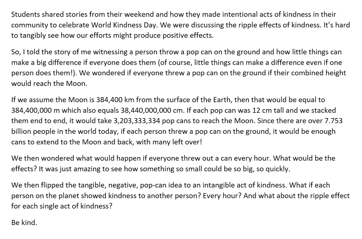 MrKSDyck's tweet photo. Just another day at work, hoping to #Inspire and invite students @PortWellerPS to #Think and #MakeADifference.

#WorldKindnessDay #Kindness #NumberSense #LargeNumbers #DistanceToTheMoon #CareForOurPlanet #RippleEffect #LittleThingsCanMakeABigDifference #BeKind https://t.co/2QZInCj0ip