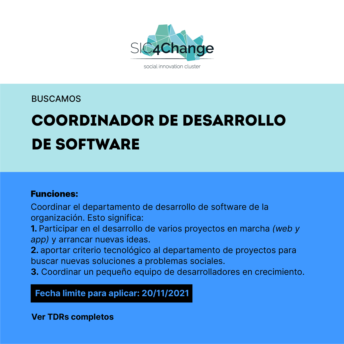 📢OFERTA LABORAL 
Buscamos a Coordinador/a de Desarrollo de Software
¡Si conoces a alguien que pueda estar interesada/o ayúdanos a compartir! 
✅+ información:drive.google.com/file/d/1lIrkC1…