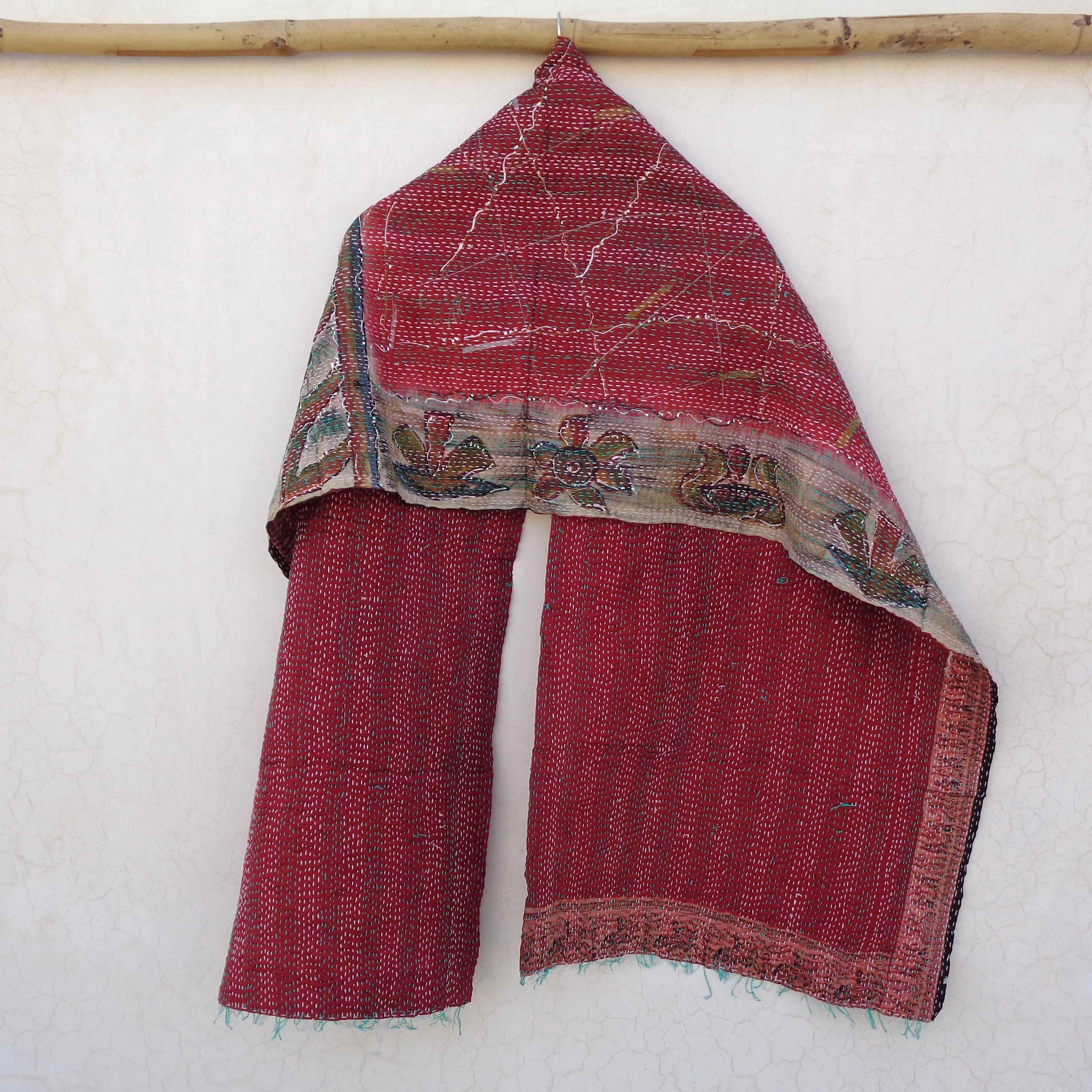 Silk Kantha Scarf Neck Wrap Stole Dupatta Stitched Embroidered Scarf Veil Boho  KS69