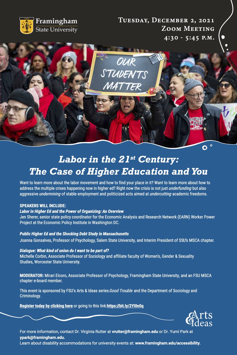 FraminghamU's tweet image. Want to learn more about the labor movement and how to find your place in it? Want to learn more about how to address the multiple crises happening now in higher education? Register to attend our next Arts &amp;amp; Ideas event: bit.ly/3cgIy5P