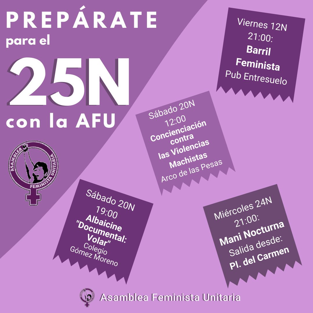Frente a su odio, violencias y precariedad: Feminismos, vínculos y solidaridad  💜💪🏼

¡Prepárate con nosotras para un 25N combativo! 

#GranadaFeminista
#25N
#obrerasprecariasyrevolucionarias 
#25n2021
