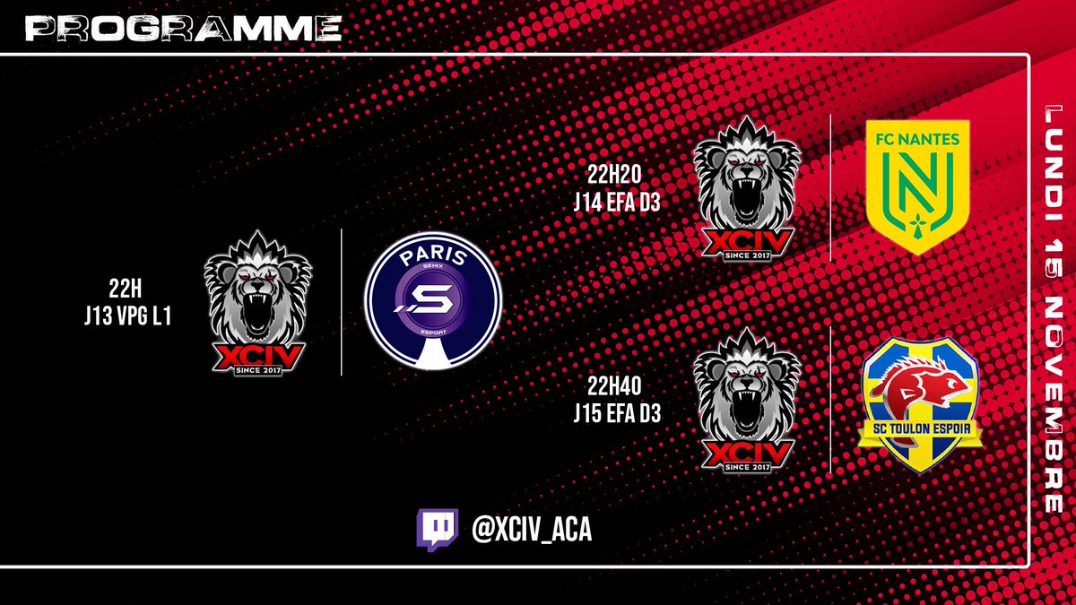 EsportXCIV's tweet photo. 🔴 Match of the day &amp; Lineup ⚫

🏆 @VPGFrance_ Ligue 1 

🆚️ @senixClubPro 

🏆 @eSportFA_FR Division 3

🆚️ @FCN_Academie 
🆚️ @EspoirToulon 

📺 Rendez-vous dès 22H sur notre chaîne 
https://t.co/oB6AcG1tKh

@XciVesport @Mehdichkr https://t.co/wDvRaytf24