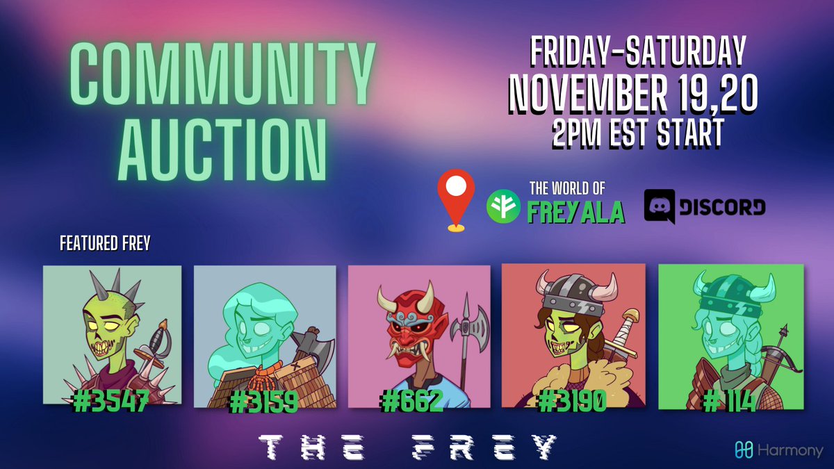 TheFreyNFTs's tweet photo. 📢 COMMUNITY AUCTION! 📢
This Friday we will be hosting a 24hr community auction!
⏰ 11.19.21 @ 2PM EST ⏰
To be held in the @freyalacrypto discord:
👉 https://t.co/C4IranXmjN
Join us for a chance to bid on some rare #Freys!! 👀
#CleanNFT powered by @harmonyprotocol 💙 https://t.co/mrIggsXice