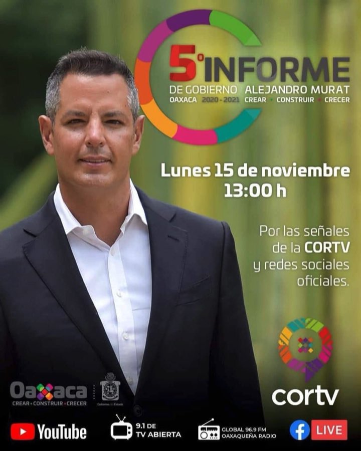Los invito a sintonizar el 5º Informe del Gobernador @AlejandroMurat. 

Hoy a las 13:00 horas por las señales de @Cortv.