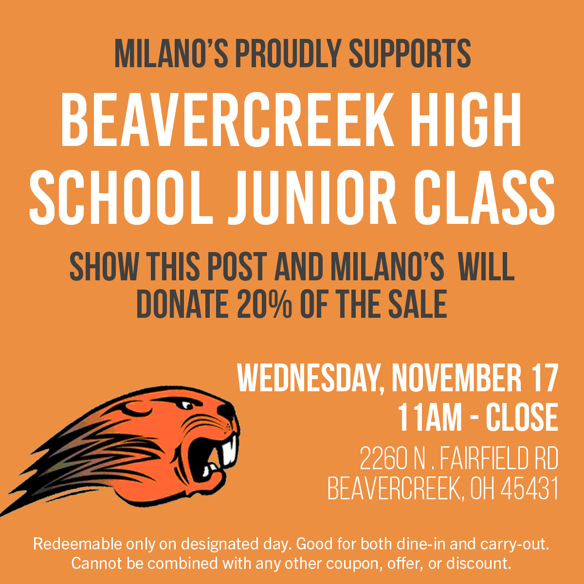 MilanosTweets's tweet photo. On Wednesday, November 17th, we're hosting a takeover at our Beavercreek restaurant to help raise proceeds for Beavercreek High School's Junior Class!

Simply show this post to your server, and 20% of the sale will be donated. https://t.co/SN5n1yTIyT