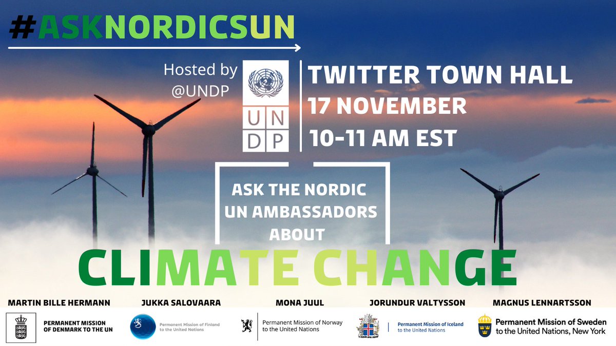 Join us for a Twitter Town Hall on #ClimateChange and #COP26 with Nordic Ambassadors 🇩🇰🇫🇮🇮🇸🇸🇪🇳🇴 to the <a href="/UN/">United Nations</a>.

📅 Wednesday, 17 November
🕚 10am EST
💻 Ask your questions and follow the conversation by using the hashtag #AskNordicsUN