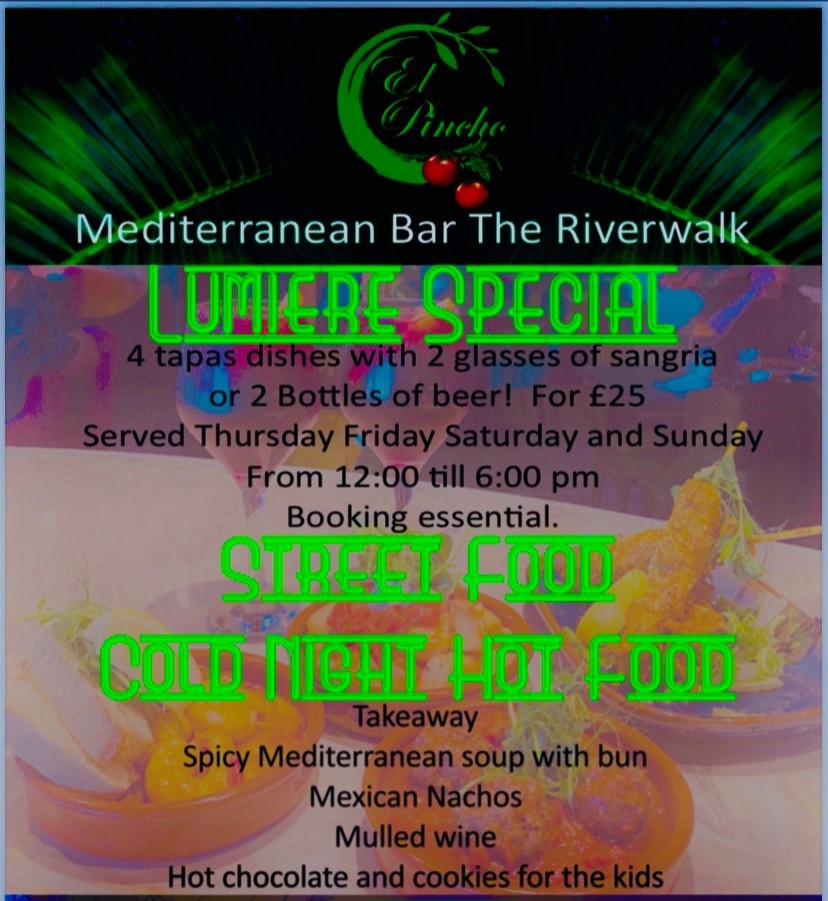 DurhamRiverwalk's tweet photo. Head over to El Pincho this special Lumiere weekend for great deals on take away snacks and warm drinks, call 0191 3741298 to book and order! 💫 

#lumiere2021 #elpincho #durhamfoodies #durhamfestival #durhamuni https://t.co/4ua7tYnI5f