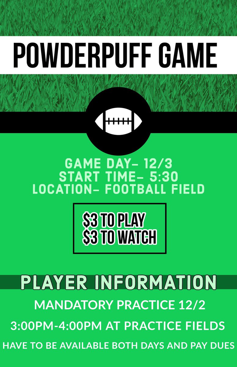 We’re hosting a powderpuff game on December 3rd! Sign ups are in the lunch room all this week!