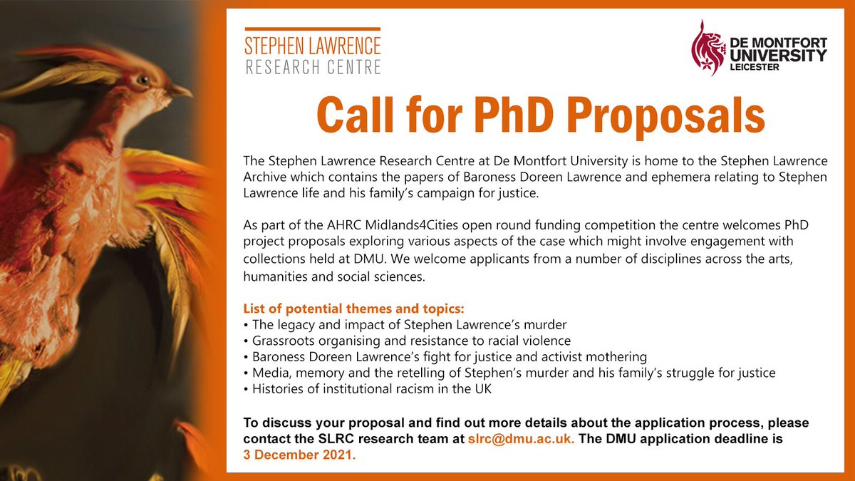 As part of the AHRC <a href="/Midlands4Cities/">Midlands4Cities</a> open round funding competition, we are calling for PhD proposals which may involve engagement with the Stephen Lawrence Archive!

To learn more, see here 👉x.com/SLRC_DMU/statu…

🕒Deadline: 3 December
📧Email SLRC@dmu.ac.uk for more details