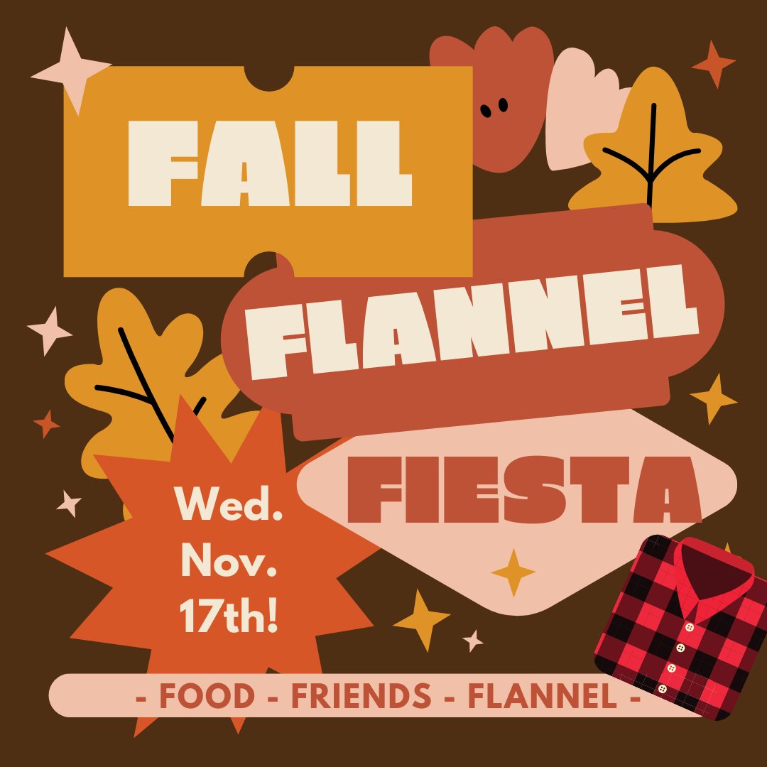 rezlifewest's tweet photo. This Wednesday at Youth Group: Fall Flannel Fiesta! Students are encouraged to wear a flannel shirt to youth group and to join us in eating tacos for dinner, reflecting on what we're thankful for this year, and of course...eating pie! https://t.co/i4Crlo8DkF