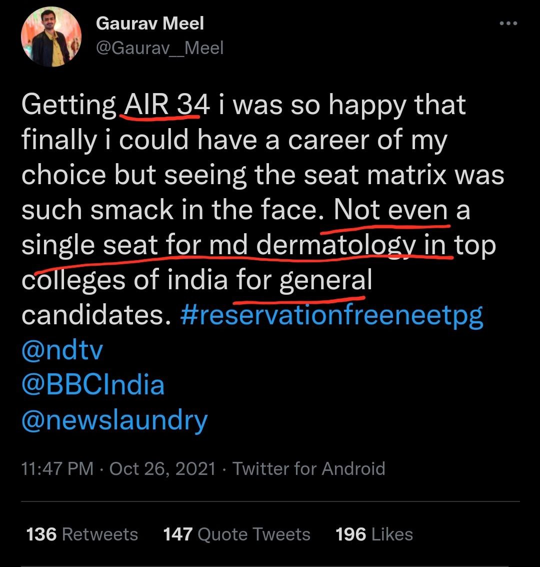 DrSombit's tweet photo. Can you feel the frustrations of the unreserved. Please have basic pity. 
We aren't asking for free seats, just don't let our merit go to waste.
#murderofmerit 
#noreservation_in_neetpg https://t.co/EILkaBB0ch