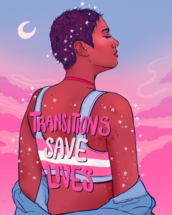 Digital illustration of a person with their back turned to the viewer. They have short purple hair, a nose ring and ear piercings, a red choker necklace, a flower tattoo, and are wearing a binder with the trans flag. Wrapped around their elbows is a blue jacket, and stars wrap around their body. Behind them are clouds, a moon and a pink and blue gradient background. The text reads, 'transitions save lives.'