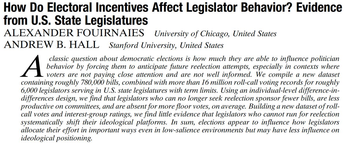 apsrjournal's tweet photo. How do electoral incentives influence politician behavior, specifically when forcing them to anticipate reelection bids? In #APSRFirstView, @fouirnaies &amp; Hall find legislators who cannot seek reelection are less productive. #polisciresearch 

https://t.co/ZSCmhkG5hK https://t.co/d9PaN0zCOS