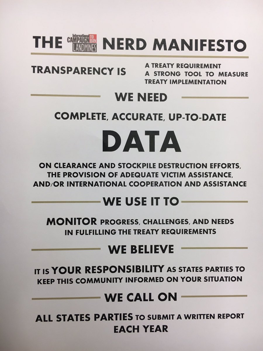 MineMonitor's tweet photo. Read our #TransparencyReporting infographic, incl. list of @MineBanTreaty States Parties that have not submitted their Article 7 reports as of 1 November 2021:
https://t.co/Bn21HWSJFf
It's never too early to share @minefreeworld Nerd Manifesto ⤵️ https://t.co/h8sasVzaVl