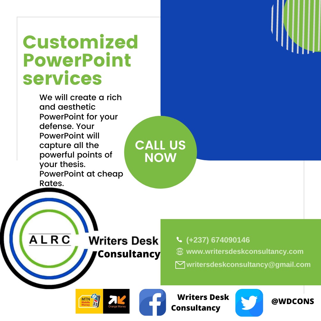 WDCONS's tweet photo. #PowerPointServices
Writers Desk is Cameroon's leading academic writing Consultancy Service.
Do you need a PowerPoint to for your dissertation defense? We will work with you to give u just the best.
Website: https://t.co/nA5bvGCKc1
#writersdeskconsultancy
#Cameroon https://t.co/om7SNOxT2v