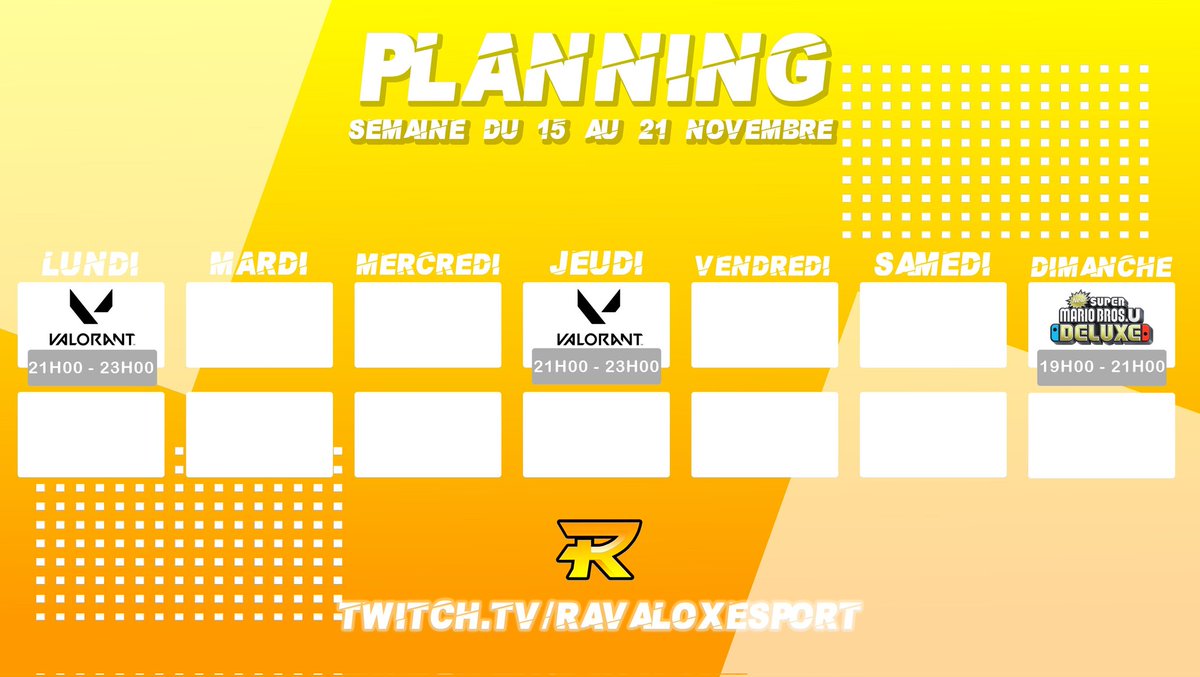 🎥STREAMING🎥

Voici un petit planning de #streaming pour la chaîne #twitch de la #ravalox !💪🏻

Au programme: #VALORANT le lundi et jeudi, et le stream en duo dimanche sur #SuperMarioBros #switch !🟠🟡

⭕#esport #gaming